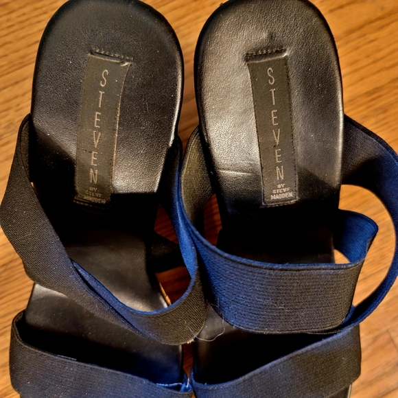 Steve Madden wedge platform strappy black & cork sandals with stretchy elastic - Picture 4 of 4